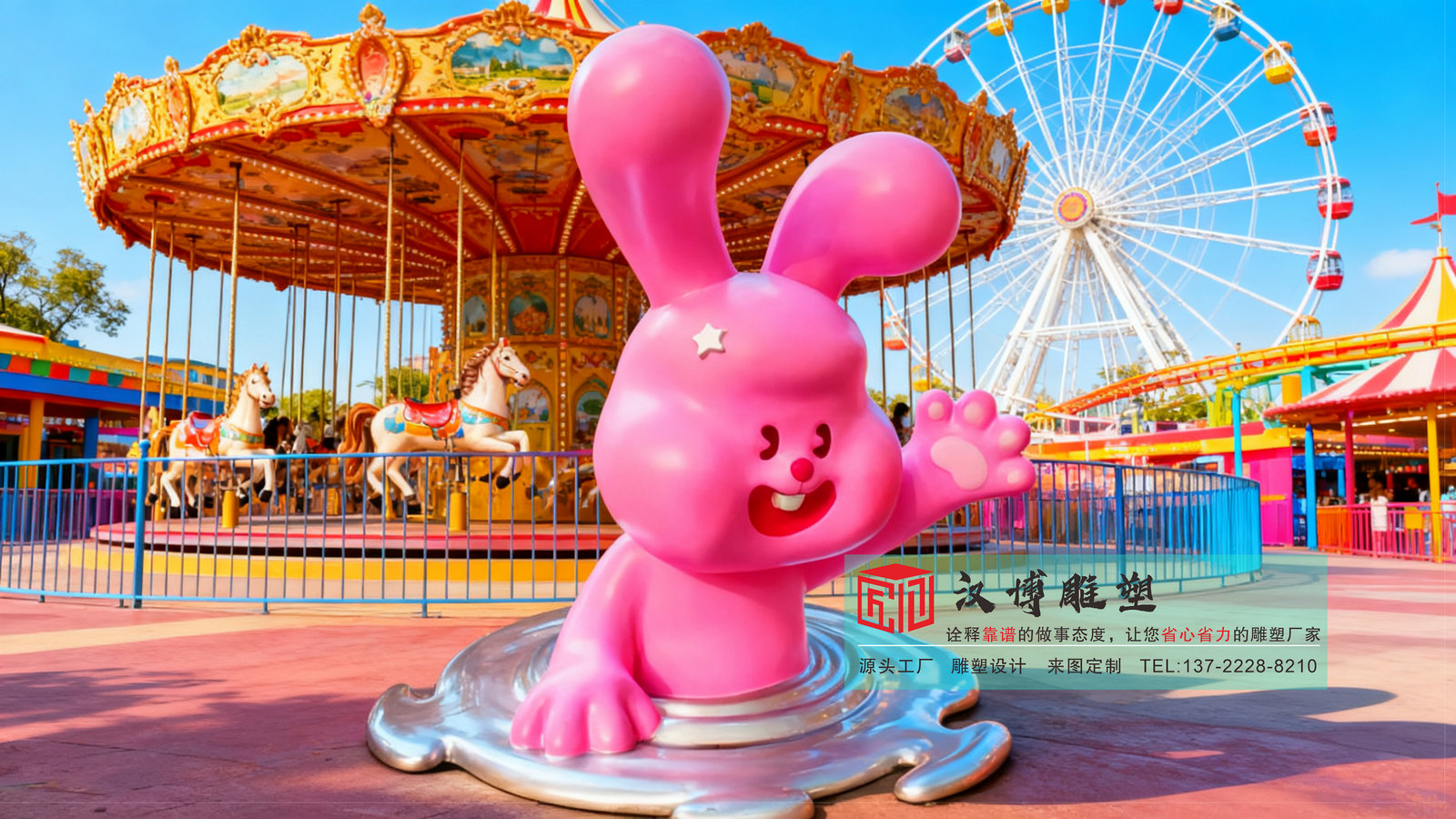 粉红兔子玻璃钢雕塑,游乐园卡通摆件,户外大型抽象艺术雕塑定制